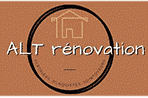 Logo ALT rénovation sur fond terre cuite avec dessin stylisé de maison, mentionnant Plâtriers Plaquistes Jointeurs.